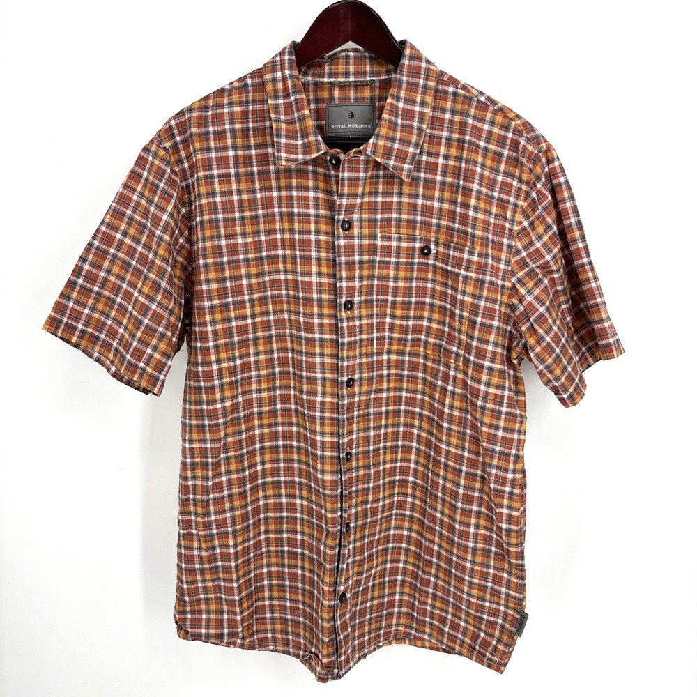 Royal‎ Robbins Shirt Mens L Standard Fit Short Sleeve Rust Plaid Outdoor Hiking